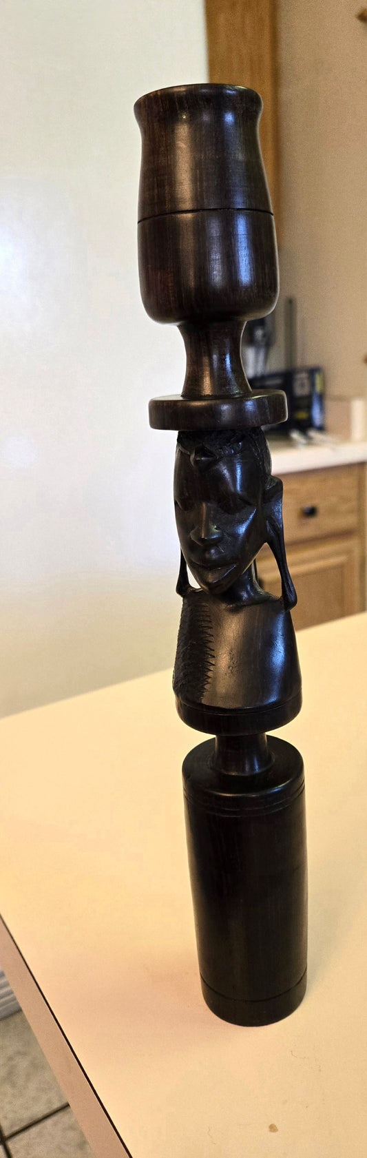 Pair of 2 Ebony Figure Statues-Candlesticks. African Ebony Carved Wood figures.