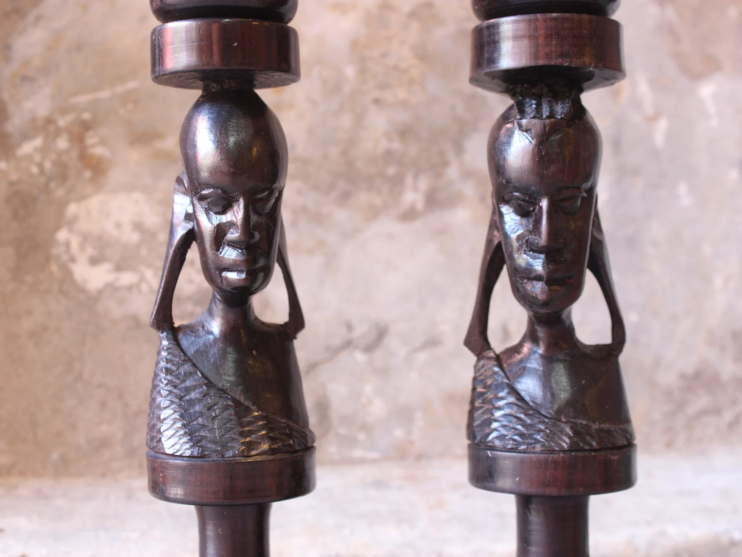 African Candle Stick Pair Ebony Wood Abstract Design Tanzania