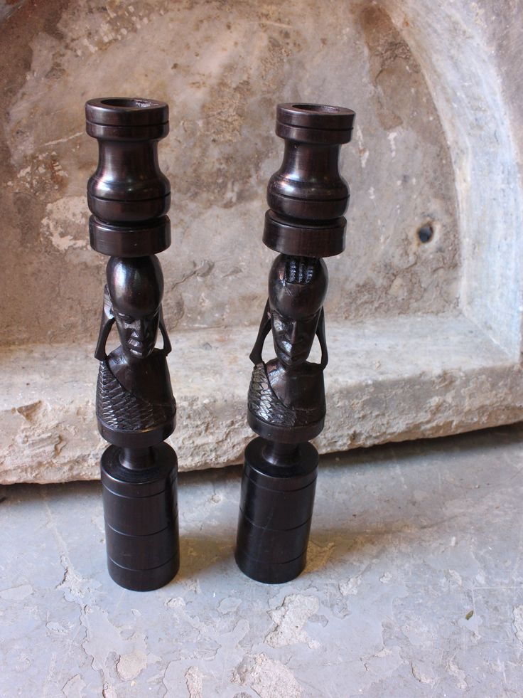 Pair of 2 Ebony Figure Statues-Candlesticks. African Ebony Carved Wood figures.