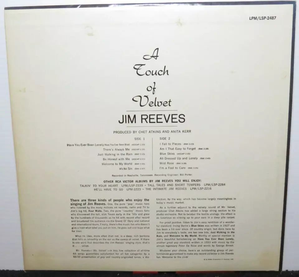 JIM REEVES A TOUCH OF VELVET (VG) LPM-2487 LP VINYL RECORD